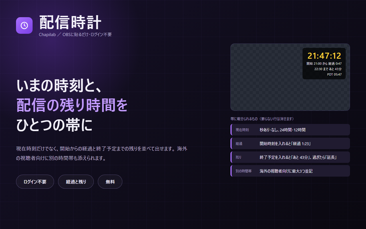 現在時刻・経過・終了予定を1本の帯にする CSC（Chapi Stream Clock）を公開しました